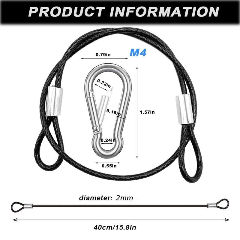 CKANDAY 10 Pack 16 Inch(40cm) Stainless Steel Tethers with 4 Pcs Spring Snap Hook Clips, Steel Wire Cable with Loops Vinyl Cover Coated Short Rope Lanyard Lock Tether Chains, Black - Image 2